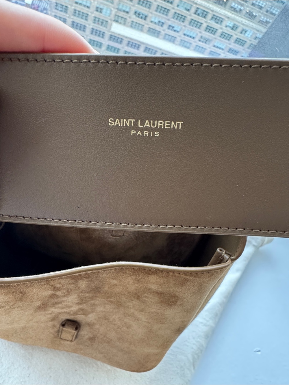 Saint Laurent Brown Suede Shoulder Bag with Gold YSL Logo - Picture 2 of 6